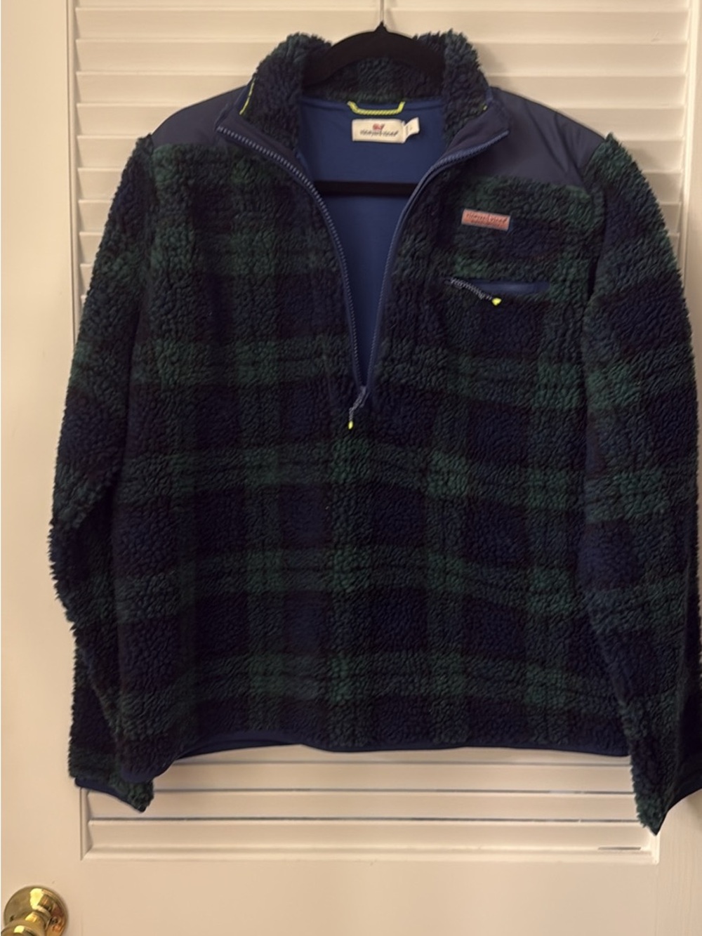 Vineyard Vines Green and Navy Plaid Sherpa Half-Zip Jacket